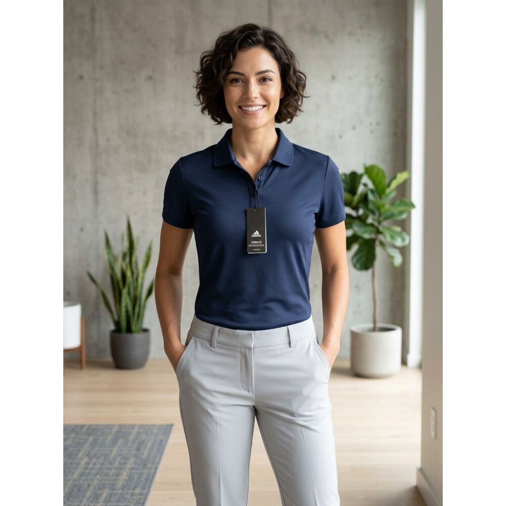 NWT Adidas Climalite Womens L Navy Blue Golf Polo Shirt Short Sleeve CED Logo
